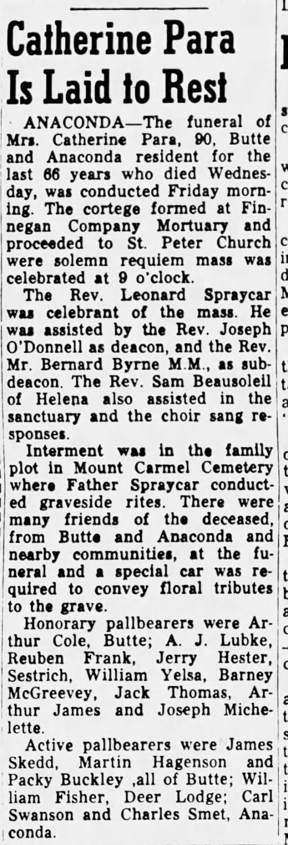 Eggen Family Tree - Catherine Para - 1955 - Funeral